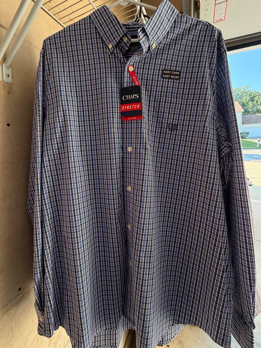Chaps Men’s Navy, White, Green, and Purple Plaid Stretch Button-Down Shirt